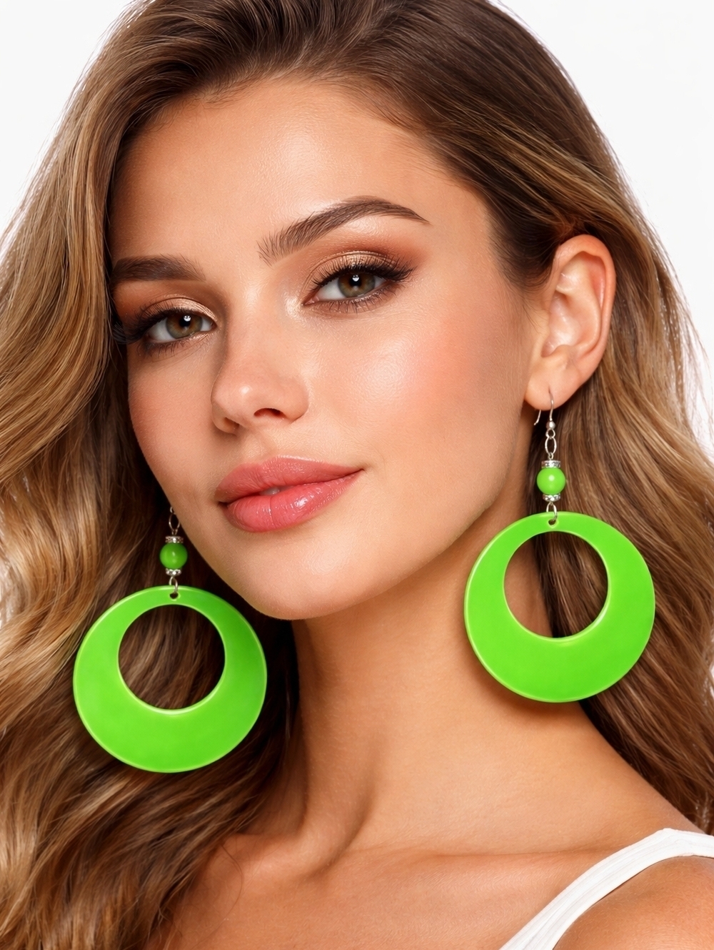 Neon Green Statement Hoop Drop Earrings with Rhinestone Accents